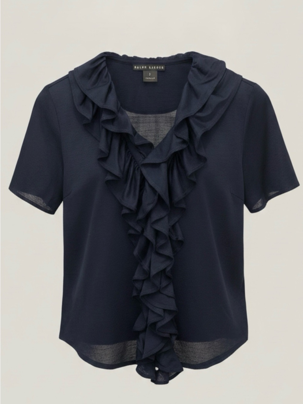 Ralph Lauren Black Label Navy Ruffle Front Short Sleeve Blouse Size S